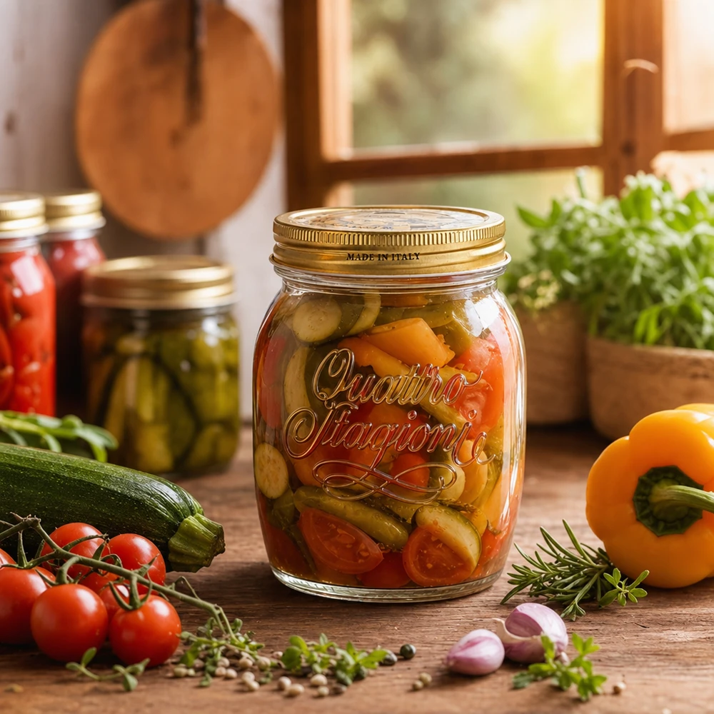 Słoik okrągły 700 ml „Quattro Stagioni” z pokrywką Słoik na przetwory Quattro Stagioni 700 ml z marynowanymi warzywami w otoczeniu świeżych składników na rustykalnym drewnianym stole