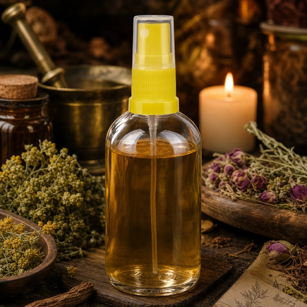100 ml butelka ze spryskiwaczem żółta/przezroczysta STD ClearLine UT18/100 ClearLine UT18 – żółta butelka z atomizerem o pojemności 100 ml, napełniona olejkiem ziołowym w stylu aptecznym