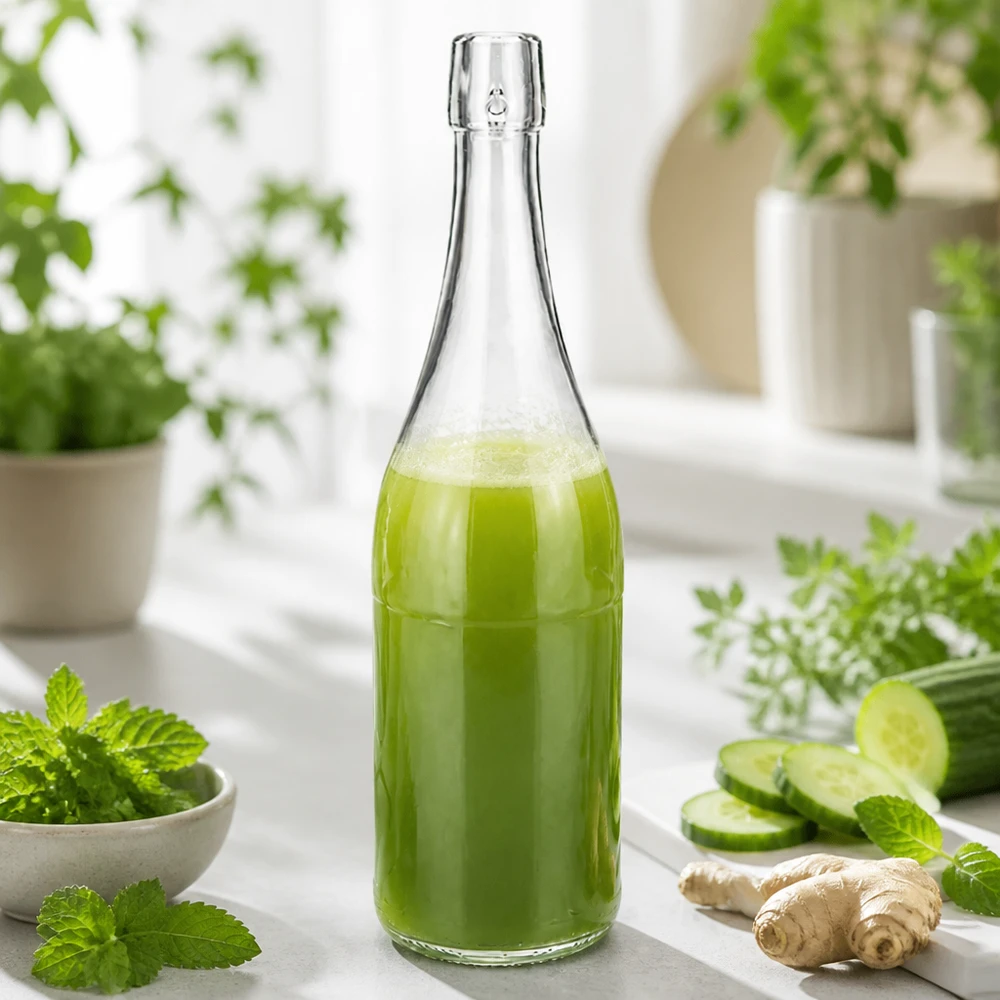 750ml szklana butelka UNiTWIST wypełniona zielonym smoothie pomiędzy świeżymi ziołami ogórkiem imbirem zdrowe odżywianie