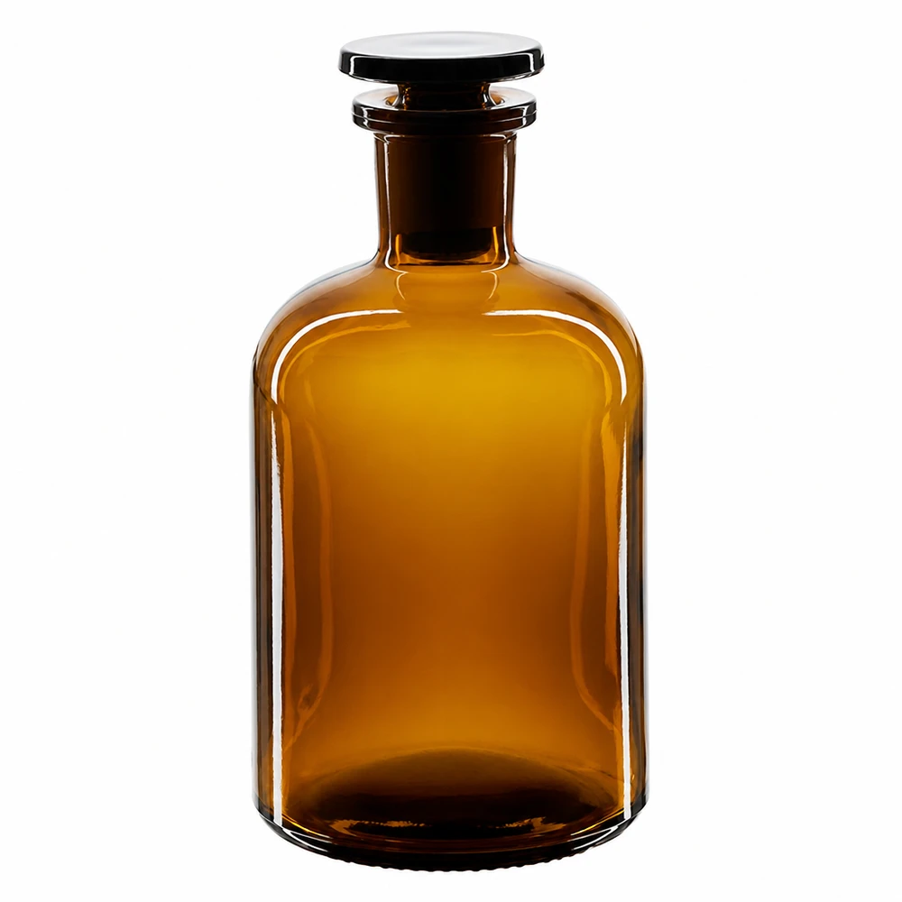 Brązowa butelka o zaokrąglonych ramionach, pojemność 250 ml, ze szklanym korkiem i wąską szyjką, wykonana z wysokiej jakości szkła laboratoryjnego
