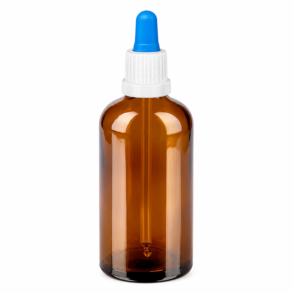 Butelka do leków płynnych 100 ml biała/niebieska OV BrownLine UT18/100 Butelka z pipetą z bursztynowego szkła o pojemności 100 ml z białą zakrętką i niebieską pipetą do precyzyjnego dozowania
