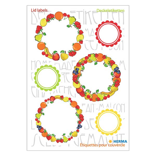 Etykiety na wieczko "Owoce" (18 naklejek) ø24/43 mm | 3 arkusze = 18 papierowych naklejek. Etykiety na wieczko "Owoce" (18 naklejek) ø24/43 mm | 3 arkusze = 18 papierowych naklejek.