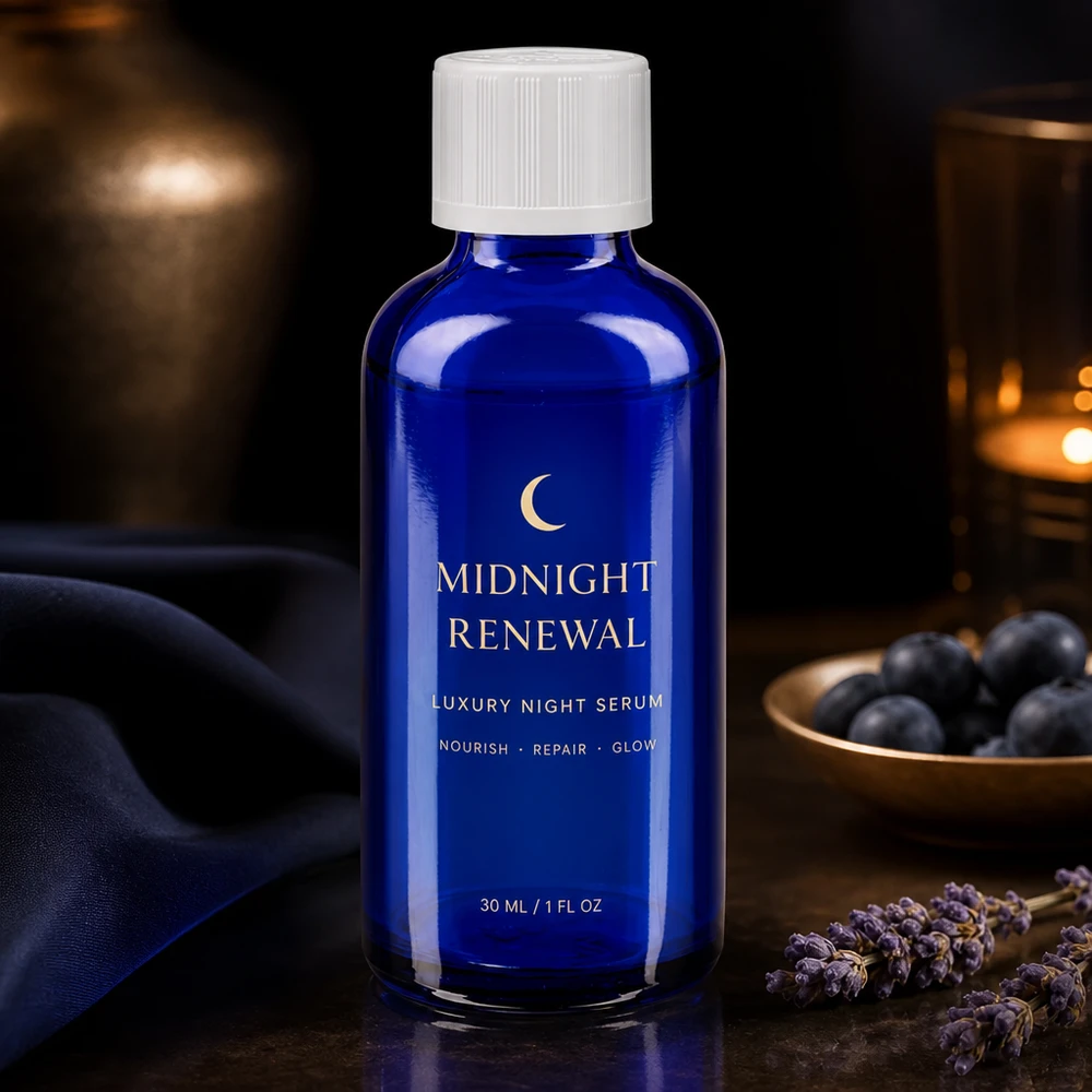 Mała szklana buteleczka o pojemności 30 ml w kolorze królewskiego błękitu, z białą zakrętką i kroplomierzem, przeznaczona na serum na noc