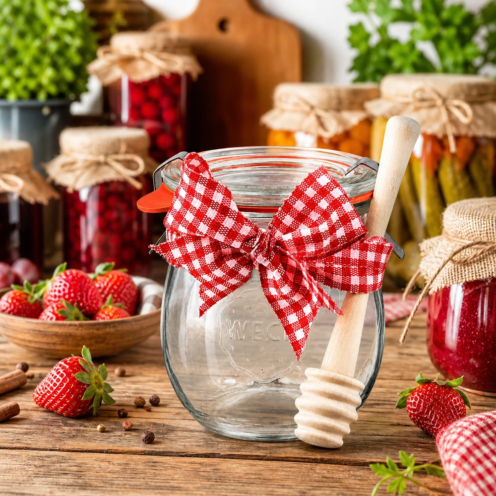 Słoik na przetwory WECK 220 ml z czerwoną wstążką i drewnianą łyżką do miodu, otoczony słoikami dżemu i truskawkami