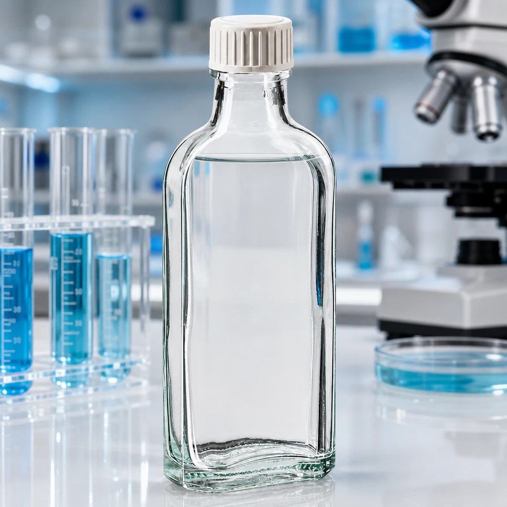 Prostokątna butelka laboratoryjna o pojemności 100 ml, wykonana z przezroczystego szkła, z białą zakrętką i wkładką z pianki PE