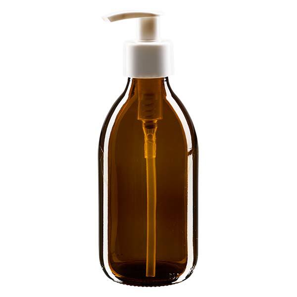 Butelka na lek 250 ml brązowa, z pompką dozującą białą ApoGlas. Farmaceutyczna jakość produkcji UE. Gwint 28 mm (PP28). (syrop, butelka z lekkiego szkła) Butelka na lek 250 ml brązowa, z pompką dozującą białą ApoGlas. Farmaceutyczna jakość produkcji UE. Gwint 28 mm (PP28). (syrop, butelka z lekkiego szkła)
