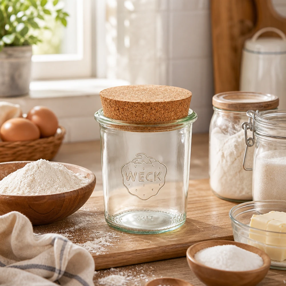 Słoik WECK 160ml RR60 z korkiem na drewnianej desce w ciepłej kuchni w otoczeniu składników do pieczenia, mąki i jajek.
