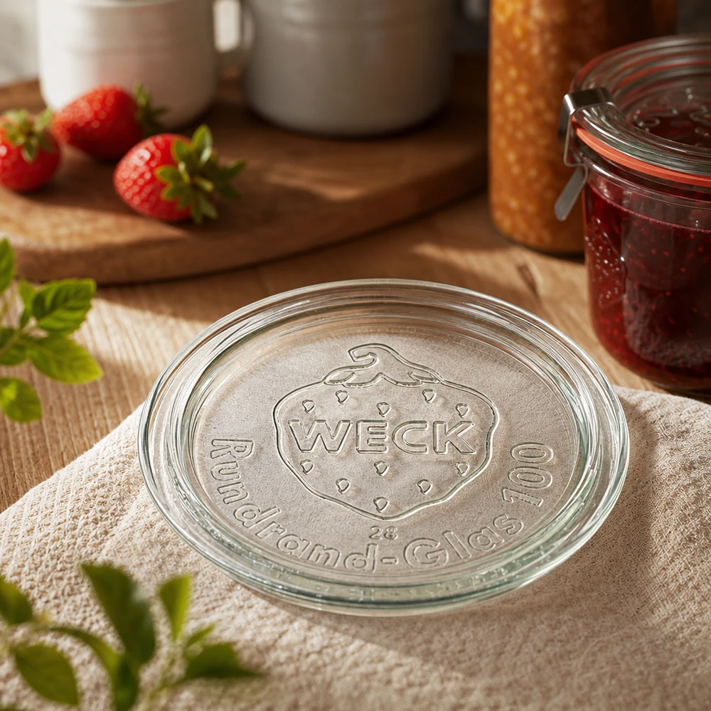 Pokrywa szklana WECK RR100 Pokrywka do słoika WECK RR100 Zbliżenie z wytłoczonym logo marki na ręczniku kuchennym obok dżemu truskawkowego w słoiku