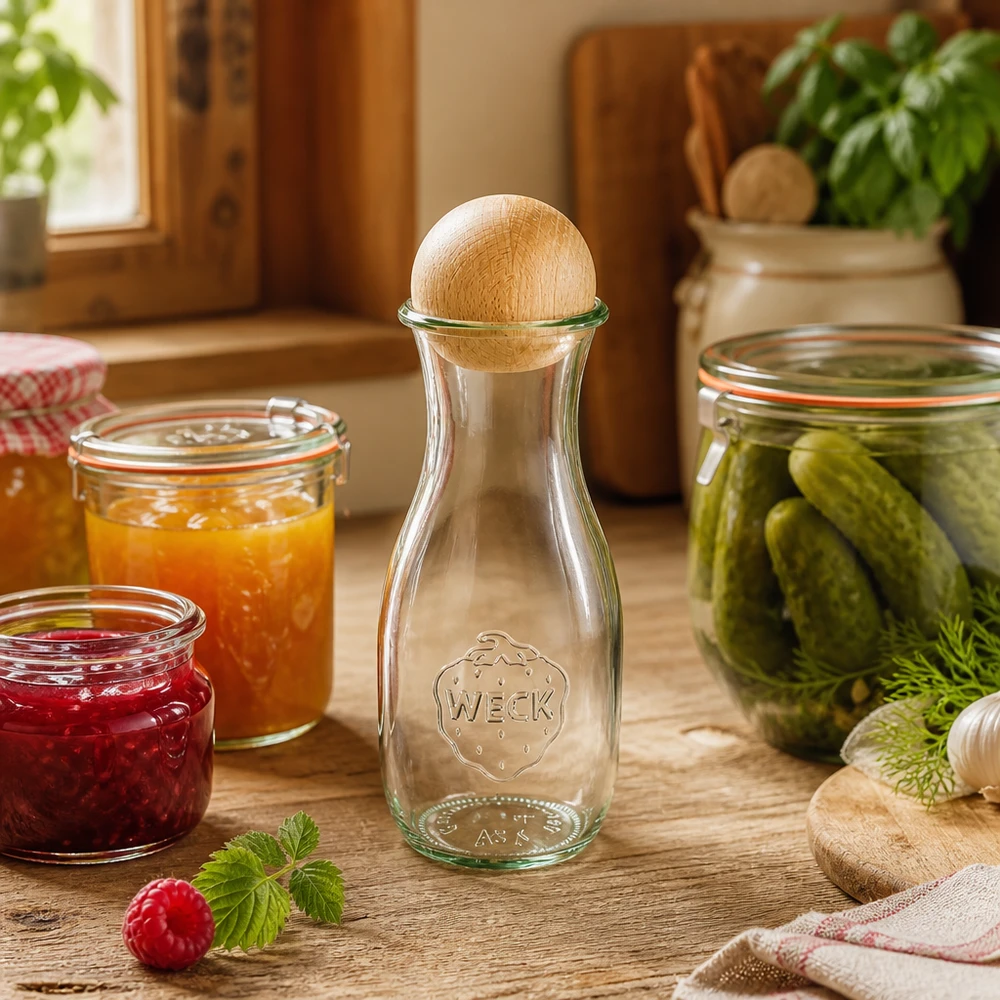 Butelka na sok 530ml WECK RR60 z drewnianą kulką buk Butelka na sok WECK 530 ml z drewnianym korkiem w rustykalnej kuchni obok słoików z dżemem i piklami