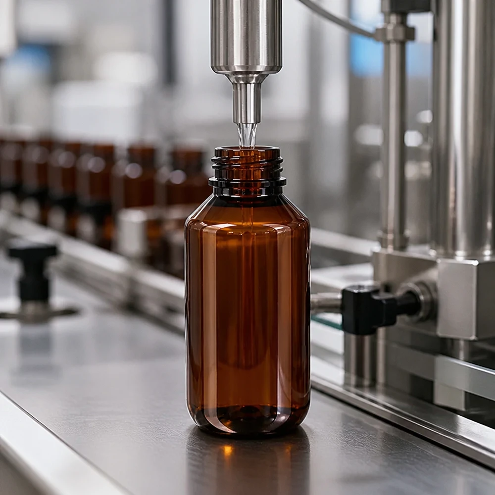 Butelka PET 100ml z czerwoną nakrętką OV Automatyczne napełnianie brązowych butelek PET o pojemności 100 ml na linii produkcyjnej farmaceutycznej