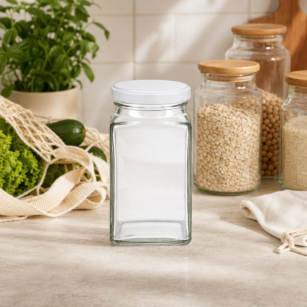 260 ml szklane opakowanie czworokątne z pokrywką BasicSeal w kolorze białym UN.. 260ml Tetraglas leer mit weißem Deckel in moderner Küche neben Vorratsgläsern mit Getreide nachhaltige Aufbewahrung