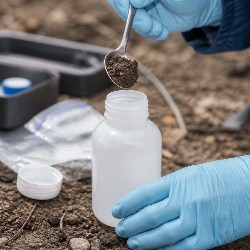 Butelka laboratoryjna 250 ml z szeroką szyjką bez zakrętki Próbkę gleby nabiera się łyżką i umieszcza w 250-mililitrowej butelce laboratoryjnej z szeroką szyjką, bez zamknięcia