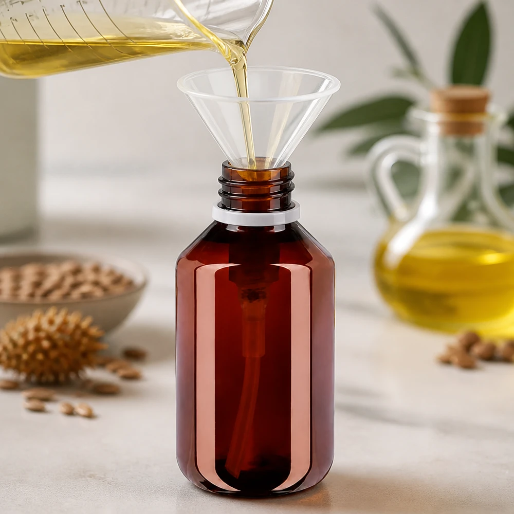Butelka PET 100ml z pompką dozującą biała Nachfüllbare Flasche 100ml PET bernsteinfarben mit Trichter beim Abfüllen von Öl