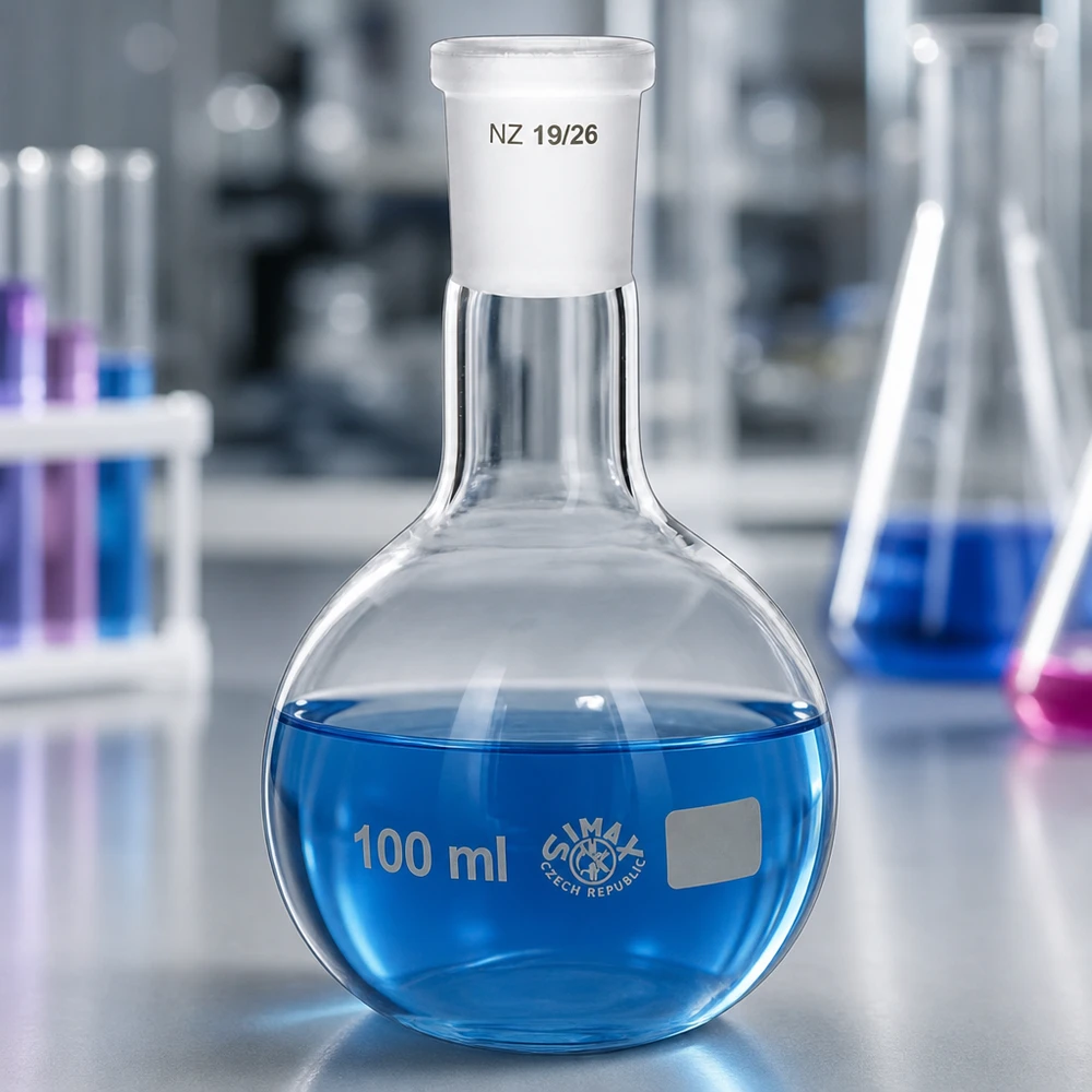 Kolba 100 ml ze standardowym szlifowanym złączem (19/26) Kolba laboratoryjna 100 ml z niebieską cieczą - szkło borokrzemianowe ze znormalizowanym szlifem 19/26