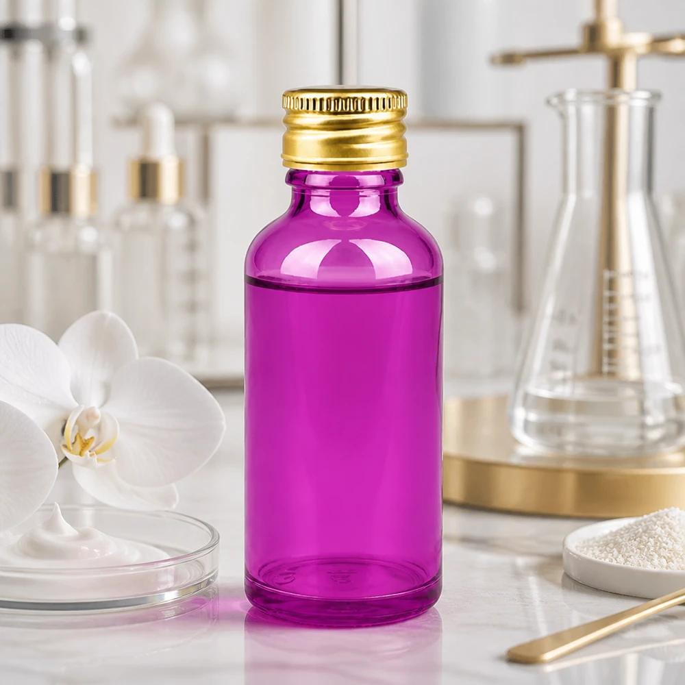 Butelka 50ml 11mm zakrętka aluminiowa złoty standard PurpleLine. UT18/50 Kompaktowa butelka z fioletowego szkła o pojemności 50 ml z gwintem STD i wysokiej jakości aluminiową zakrętką do małych ilości produktów