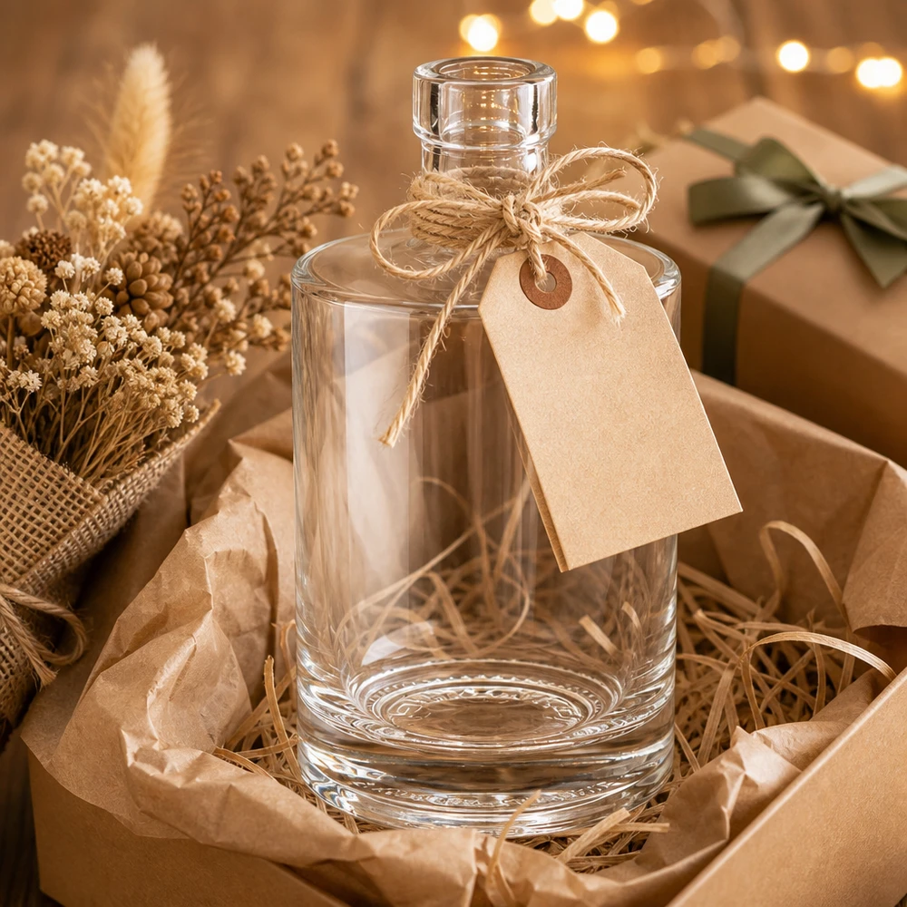 500 ml szklana butelka Marie jako pomysł na prezent z papierową przywieszką i jutowym sznurkiem w rustykalnym opakowaniu