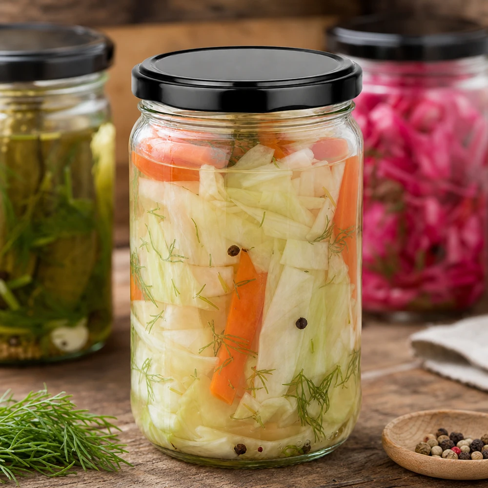Słoik okrągły 305 ml z pokrywką BasicSeal czarna UNiTWIST 305ml Rundglas UNiTWIST mit schwarzem Deckel für eingelegtes Gemüse mit Dill und Gewürzen auf Holztisch