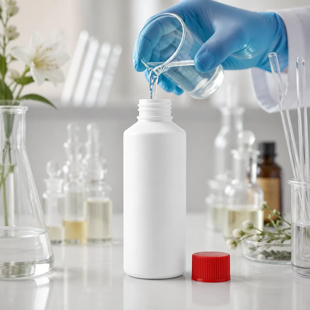 Butelka apteczna HDPE 100ml biała, z czerwonym SV Napełnianie białej butelki aptecznej z HDPE o pojemności 100 ml z czerwoną nakrętką ręką w rękawiczce
