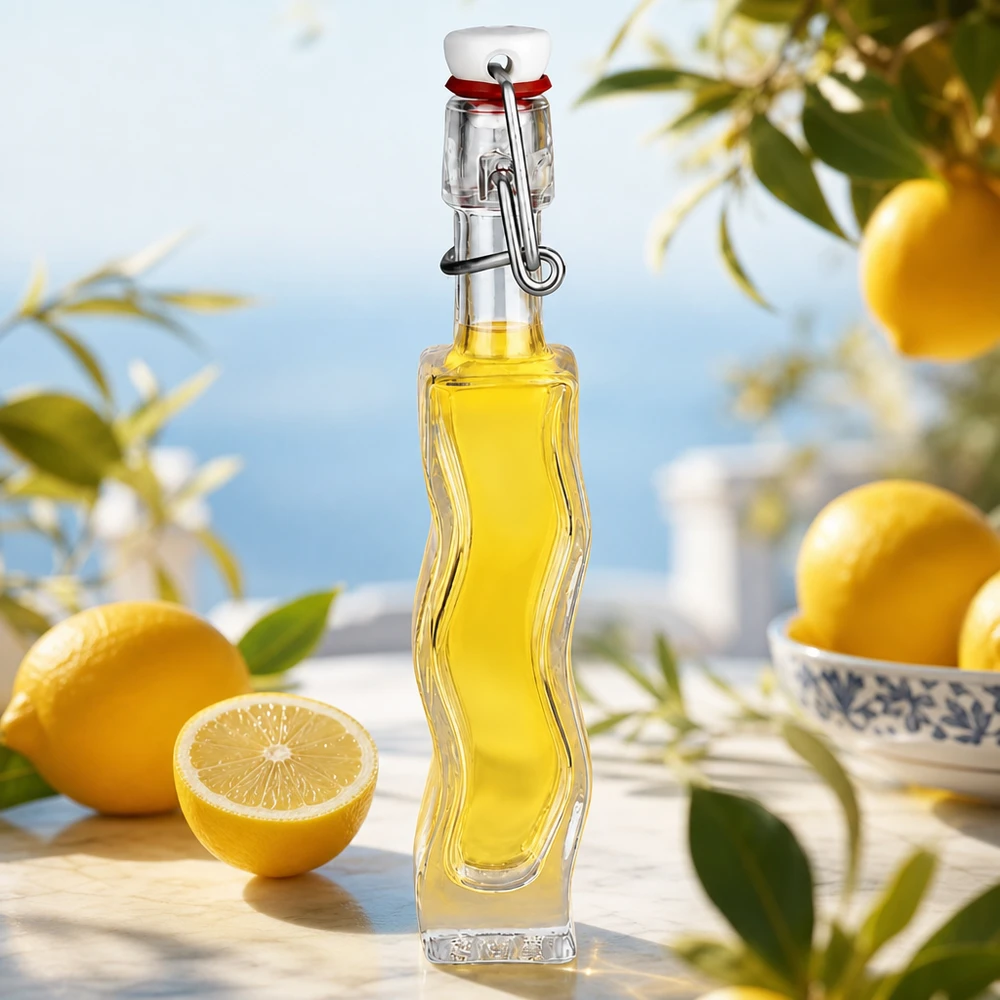 40ml Glasflasche Anna mit gelber Zitronenessenz auf weißer Marmorplatte mit frischen Zitronen und Kräutern im Mediterran