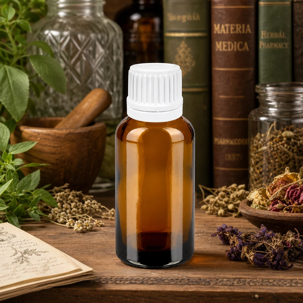 Kompaktowa szklana butelka 30 ml z ochroną UV i praktycznym zakraplaczem dla naturoterapeutów