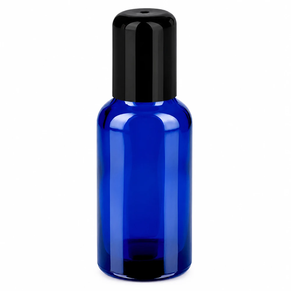 Butelka roll-on 30 ml w kolorze niebieskim z czarną nakrętką do zastosowań kosmetycznych