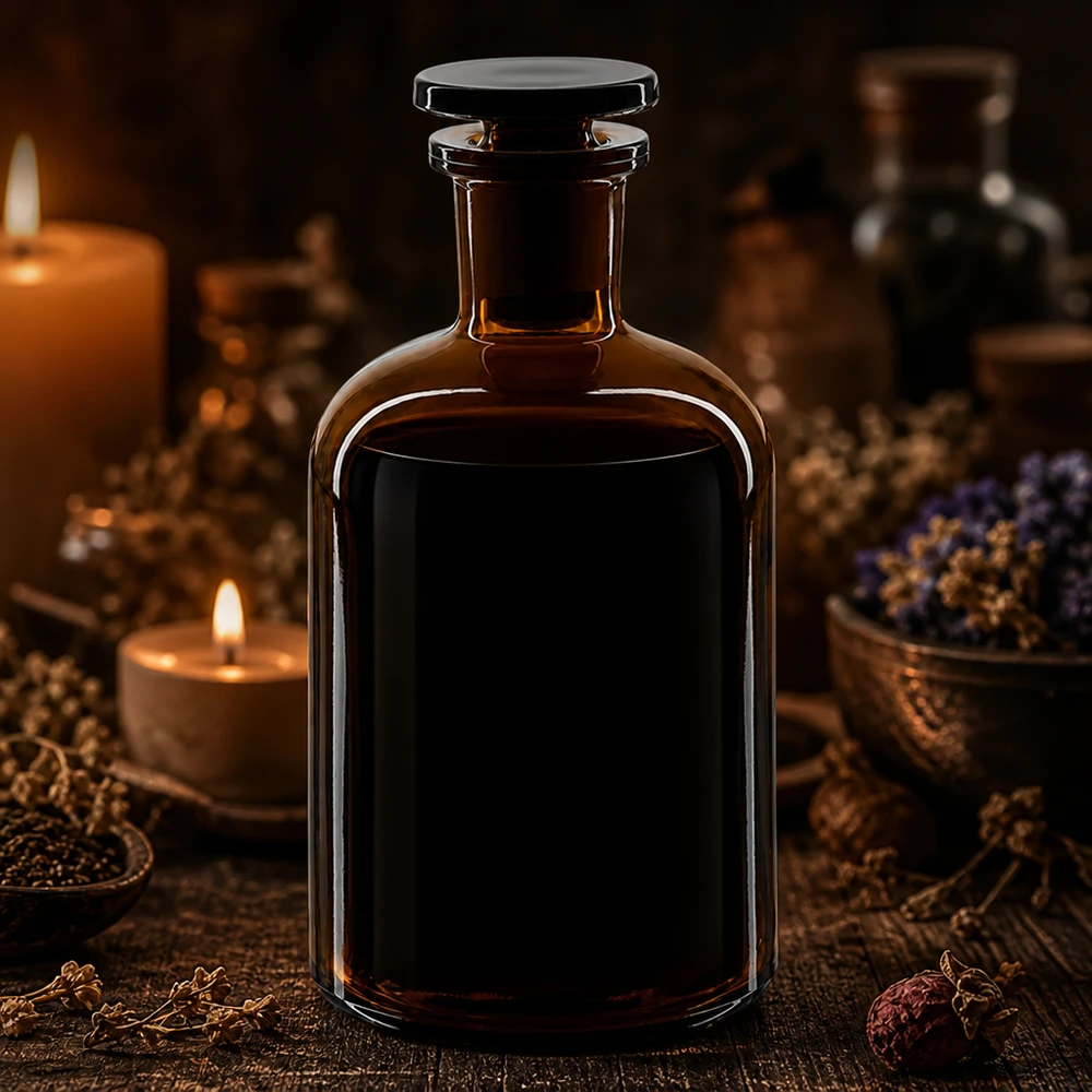 Klasyczna butelka z zaokrąglonymi ramionami, 250 ml, z brązowego szkła, z wąską szyjką i szklanym korkiem, przeznaczona do aromaterapii
