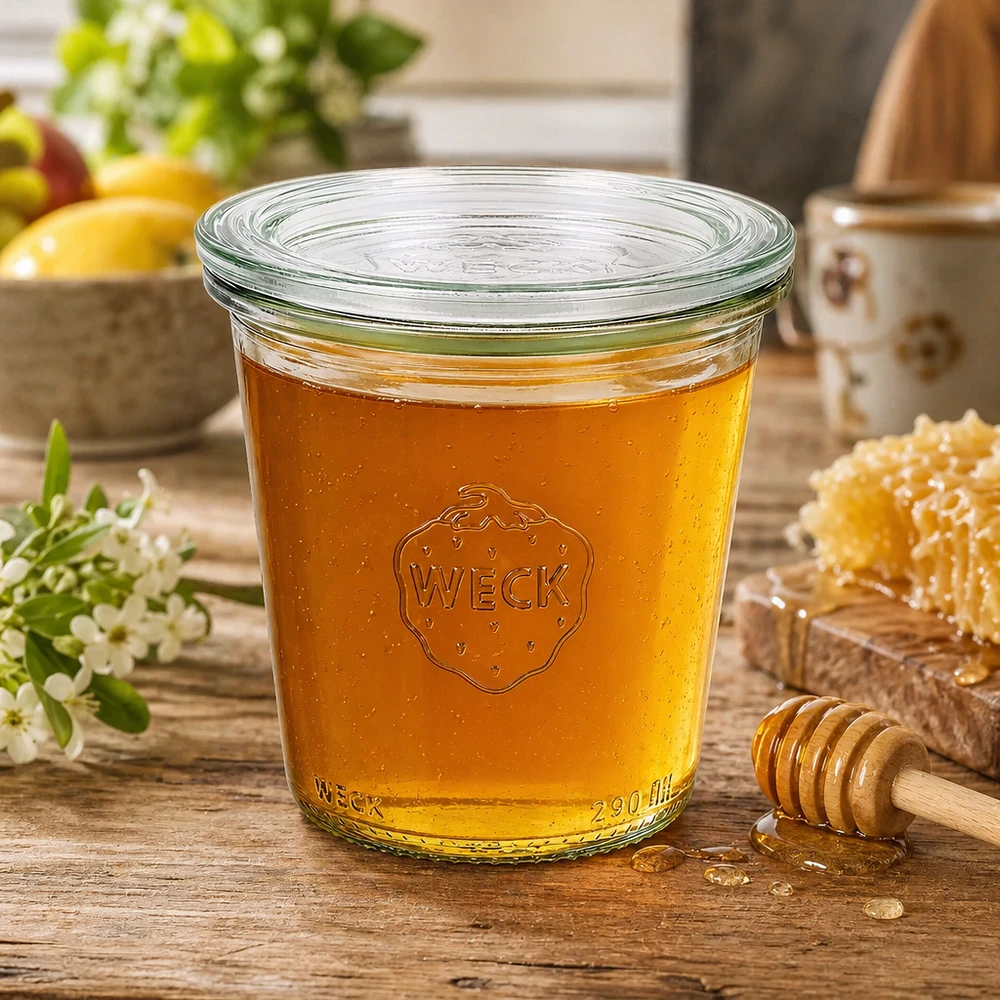 Kubki WECK 290ml RR80 wypełnione złotym miodem i łyżką miodu jako przykład zastosowania w rustykalnej atmosferze