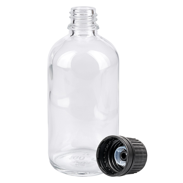 100ml (kulka)Flas. 8mm GR s. STD ClearL. UT18/100 Pusta butelka apteczna o pojemności 100 ml, wykonana z przezroczystego szkła, z gwintem 18 mm i czarną zakraplaczem