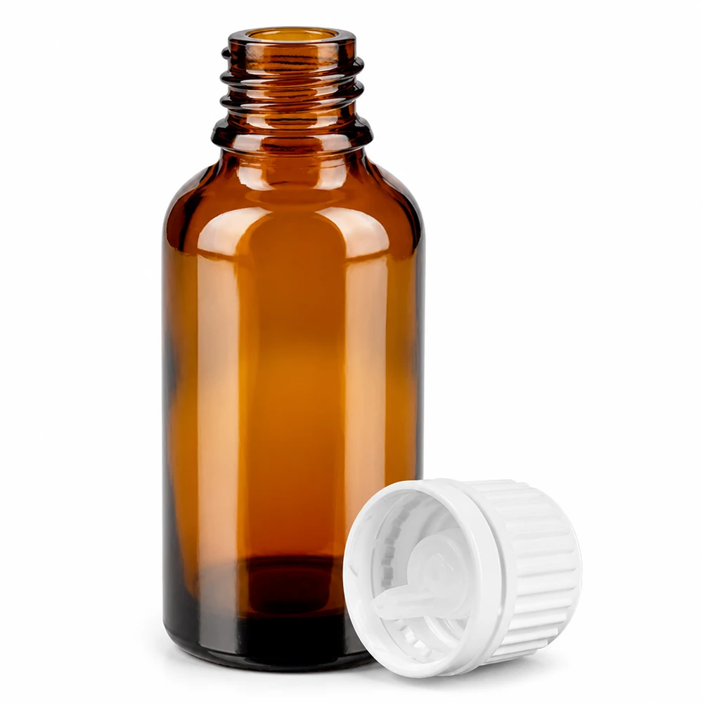 30 ml butelka z kroplomierzem 0,7 mm biała OV BrownLine UT18/30 Buteleczka z zakraplaczem o pojemności 30 ml wykonana z bursztynowego szkła chroniącego przed promieniowaniem UV i zabezpieczona przed dziećmi.