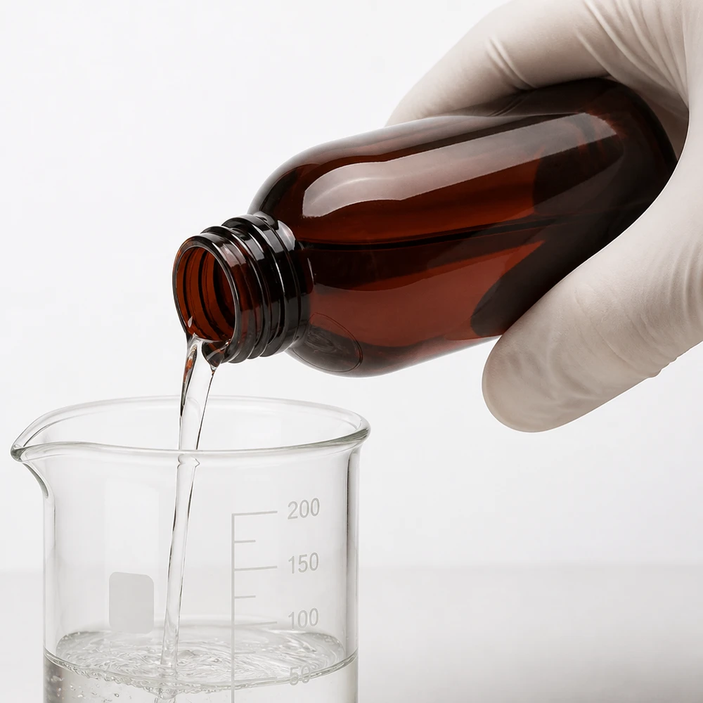Ręka w rękawiczce przelewa przezroczysty płyn z brązowej butelki PET o pojemności 250 ml do zlewki