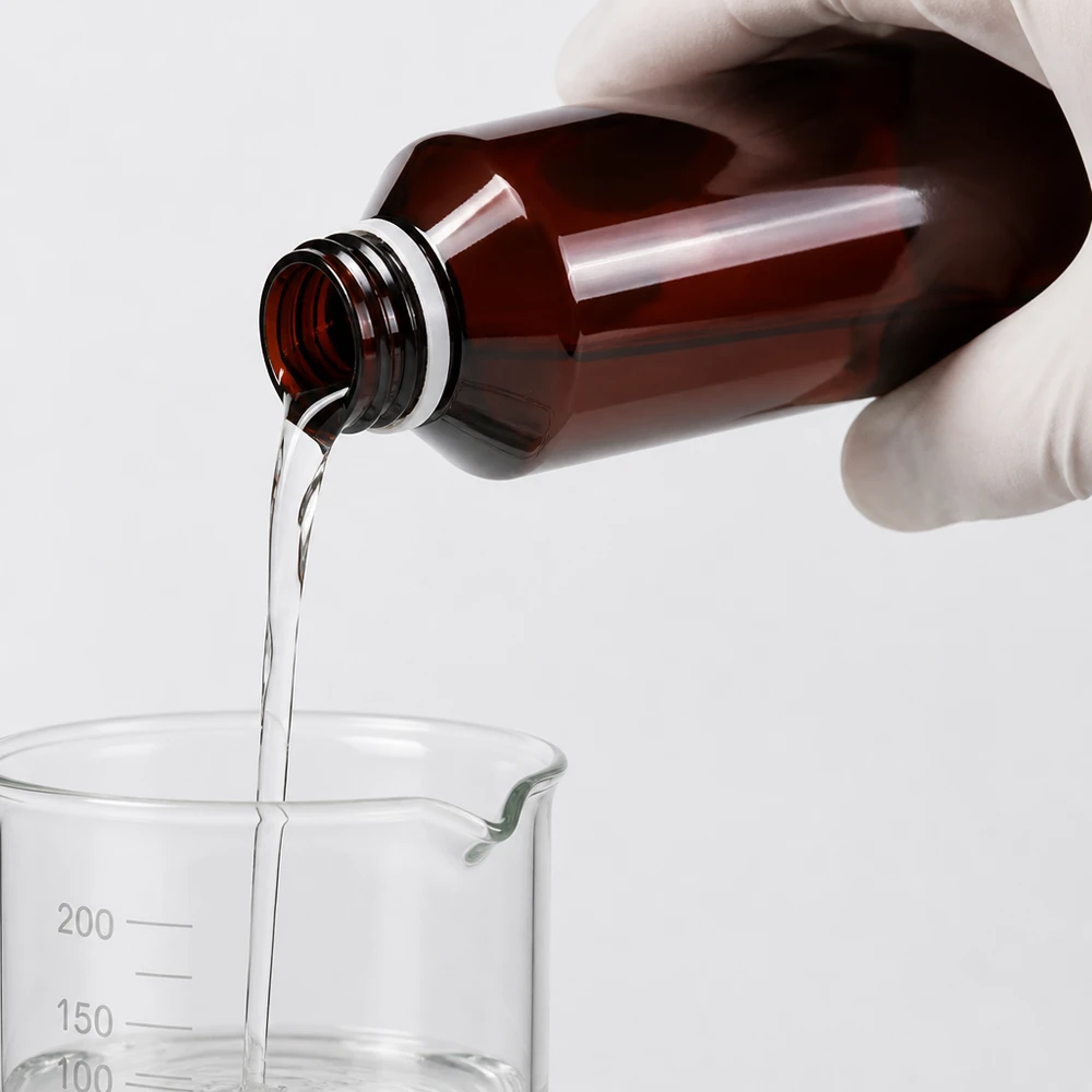 Chemik w przezroczystej odzieży wlewa płyn z brązowej butelki PET o pojemności 1000 ml do zlewki z podziałką