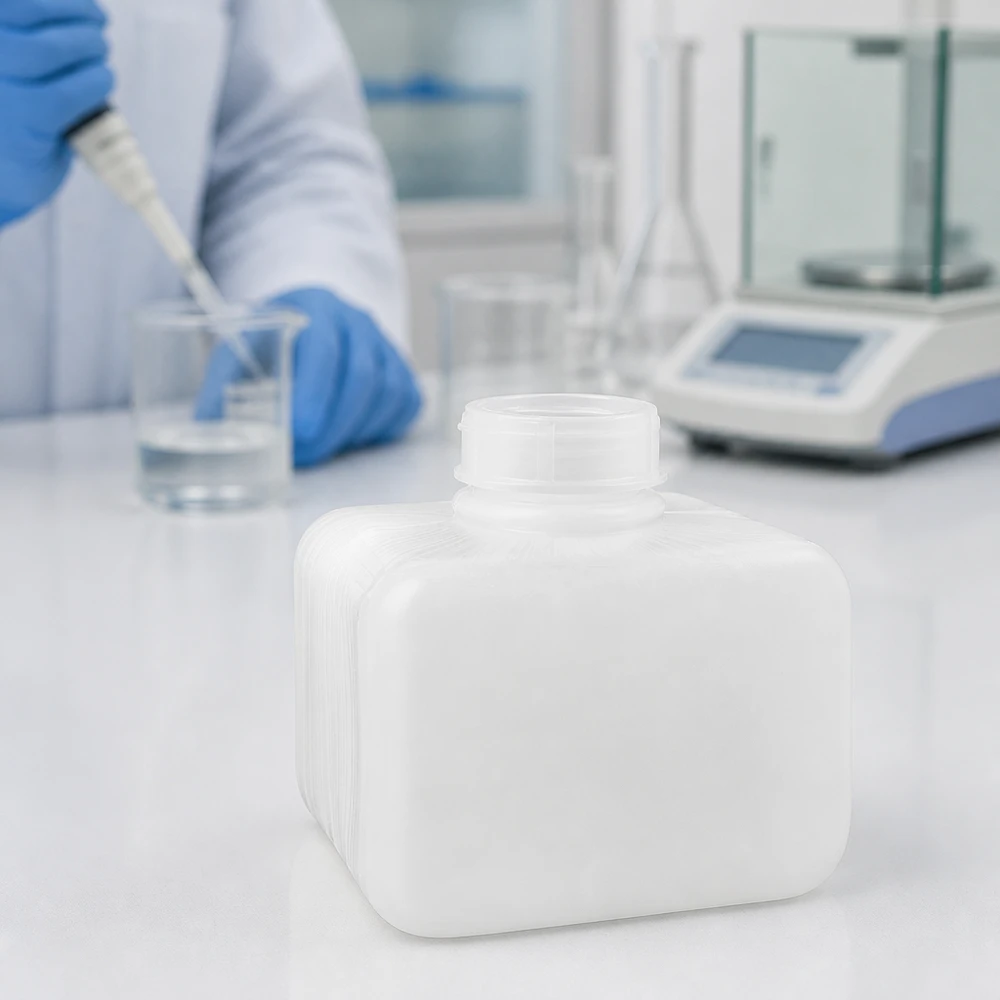Butelka na chemikalia 250 ml, wąska szyjka z PE-HD, kolor naturalny Butelka na chemikalia z wąską szyjką, 250 ml, z PE-HD, w kolorze naturalnym, prostokątna, bez zamknięcia, otwarta