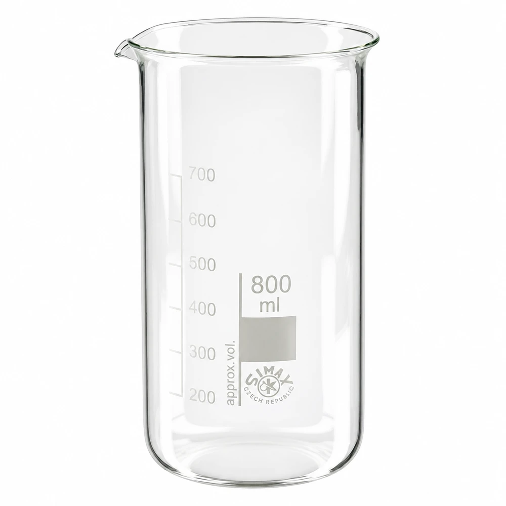 Szklanka o pojemności 800 ml, wysoka, wykonana ze szkła borokrzemowego, z podziałką mililitrową, firmy SIMAX Czech Republic