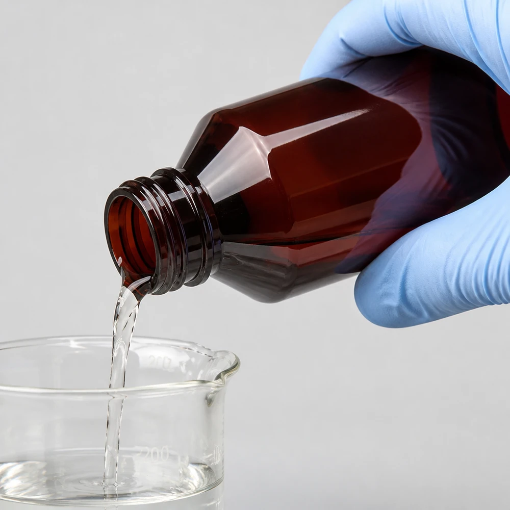 Butelka PET 200ml z czerwoną nakrętką OV Ręka w rękawiczce przelewa przezroczysty płyn z brązowej butelki PET o pojemności 200 ml do szklanej zlewki laboratoryjnej