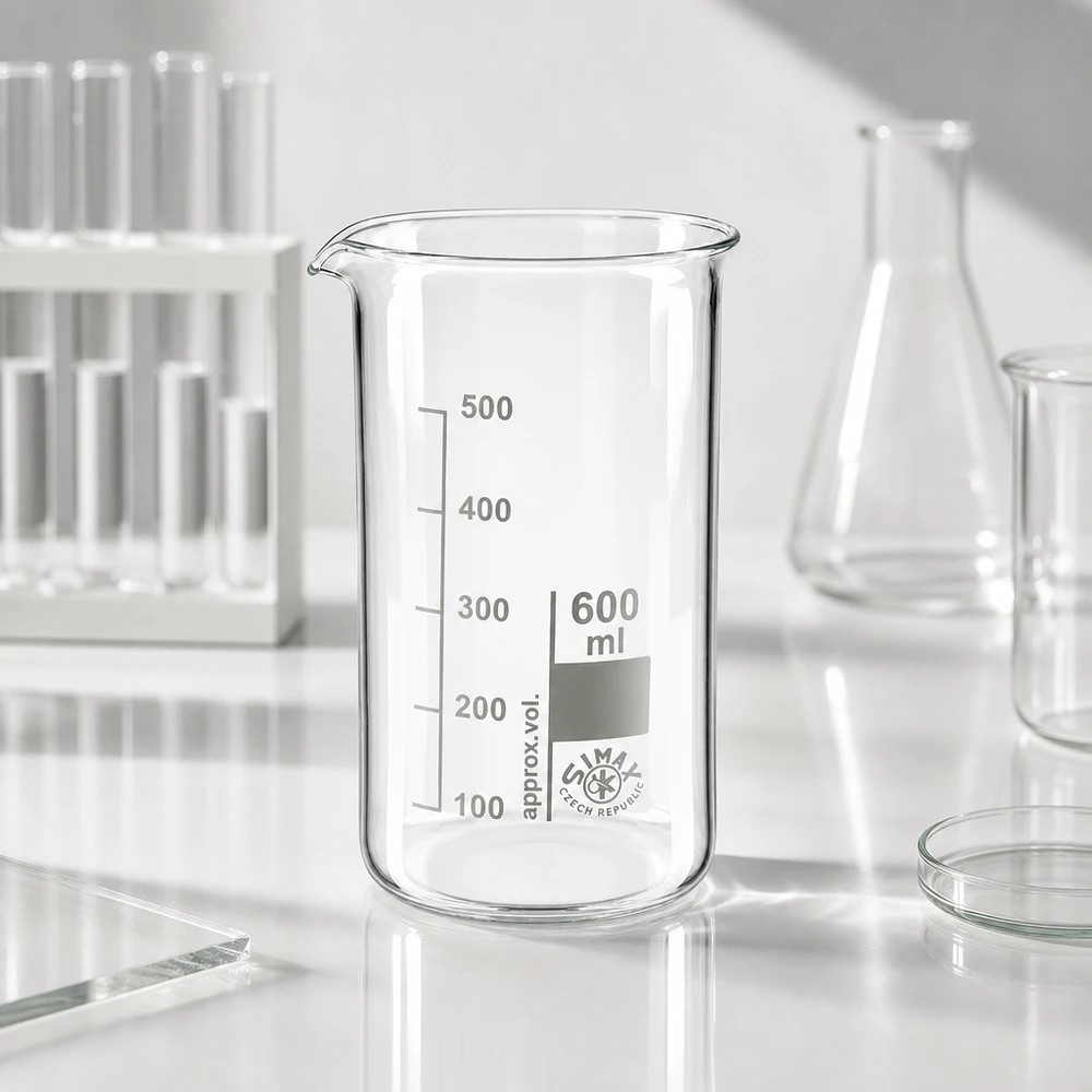 Pusta zlewka o pojemności 600 ml, wysoka, wykonana z przezroczystego szkła borokrzemowego, z podziałką milimetrową, przeznaczona do użytku laboratoryjnego