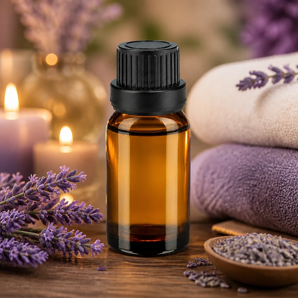 Mała buteleczka z bursztynowego szkła o pojemności 10 ml z czarną zakrętką, idealna do aromaterapii i olejków eterycznych.