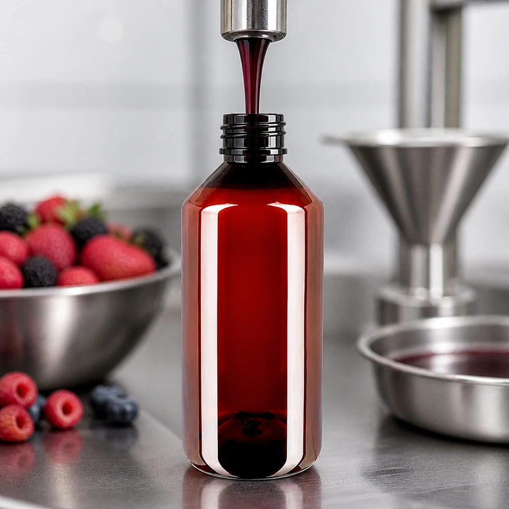 Butelka PET 750 ml z czarną nakrętką OV Napełnianie brązowej butelki PET o pojemności 750 ml czerwonym syropem jagodowym za pomocą linii rozlewniczej