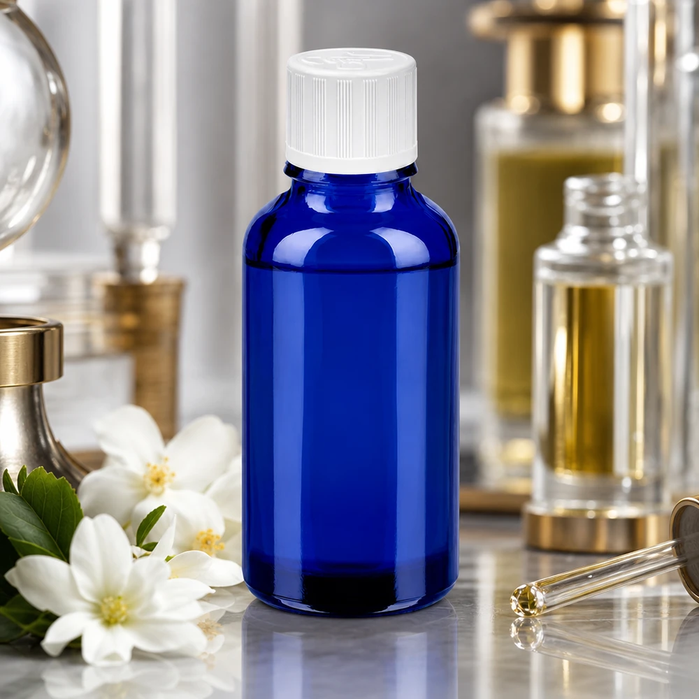 Elegancka butelka 30 ml w jasnoniebieskim kolorze z białą nakrętką do profesjonalnych zastosowań kosmetycznych