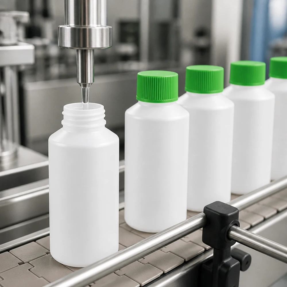 Automatyczne napełnianie białych butelek aptecznych z HDPE o pojemności 50 ml z zielonymi zakrętkami