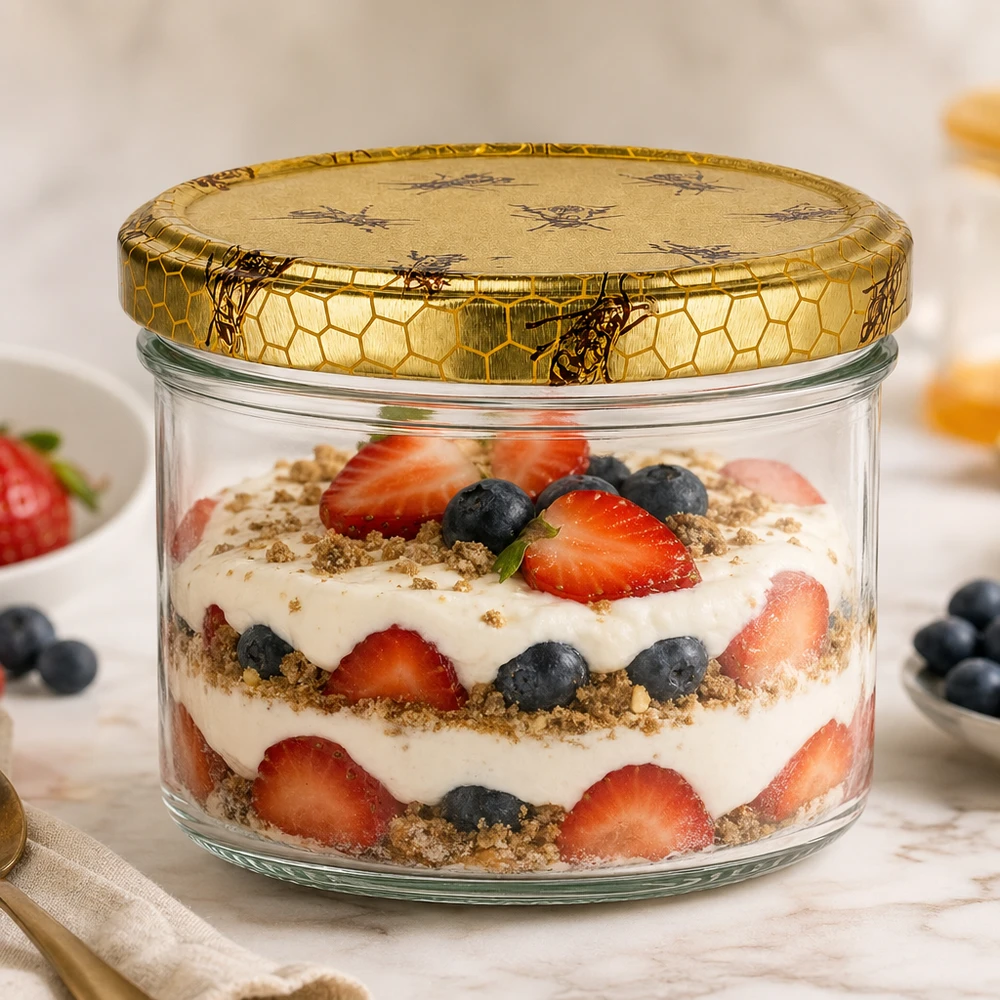 300g Honigglas mit Bienenwabe Deckel BasicSeal UNiTWIST Słoik na miód 300 g do przechowywania deserów z jagodami i jogurtem, wszechstronny szklany pojemnik