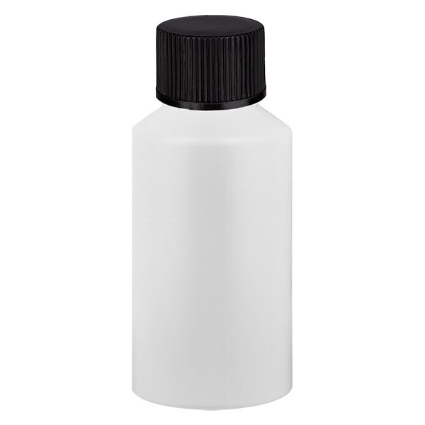 Butelka apteczna HDPE 50ml biała, z czarnym SV Butelka apteczna HDPE 50ml biała, z czarnym SV