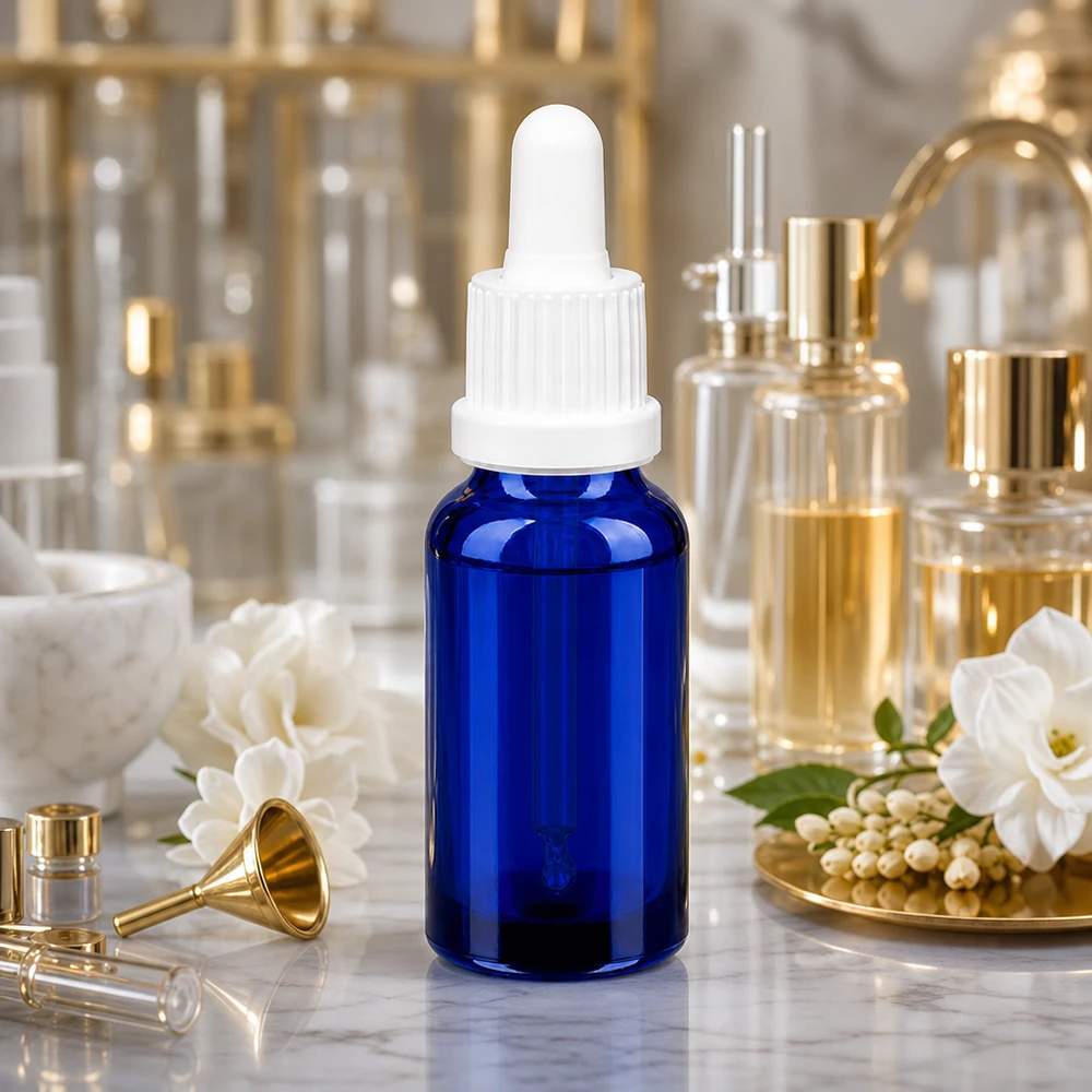 Wysokiej jakości szklana butelka o pojemności 20 ml z pipetą z zakraplaczem w klasycznym kolorze kobaltowego błękitu do serum i nalewek.