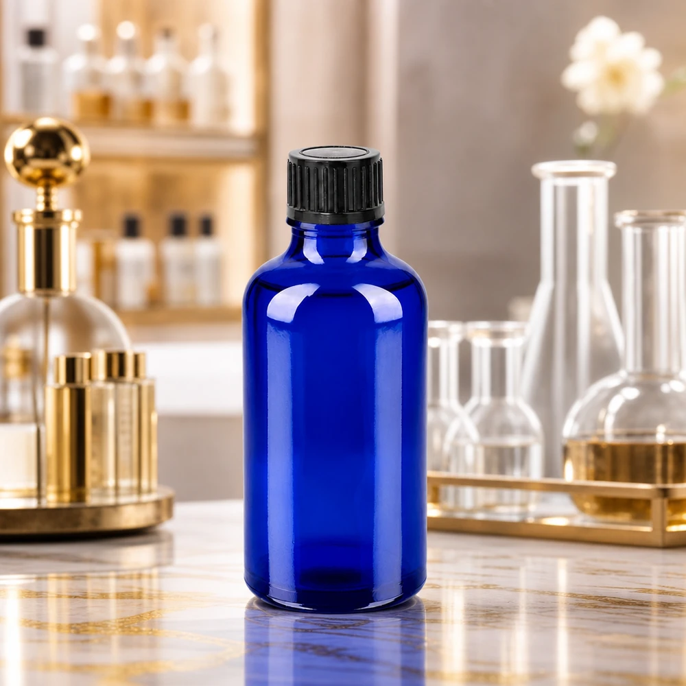 Elegancka butelka laboratoryjna o pojemności 50 ml w kolorze intensywnego kobaltowego błękitu z ochroną UV dla substancji wrażliwych na światło.