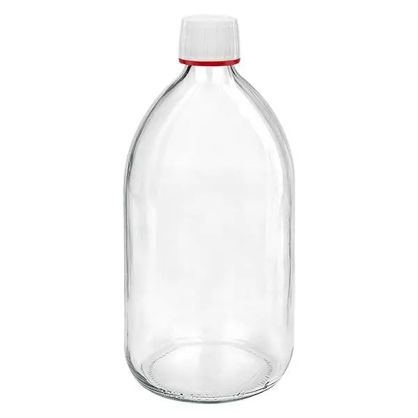 Butelka na lek 1000 ml przezroczysta, zakrętka biała z czerwonym pierścieniem ApoGlas umożliwiającym łatwe manipulowanie. Farmaceutyczna jakość produkcji UE. Gwint 28 mm (PP28). (syrop, butelka z lekkiego szkł Butelka na lek 1000 ml przezroczysta, zakrętka biała z czerwonym pierścieniem ApoGlas umożliwiającym łatwe manipulowanie. Farmaceutyczna jakość produkcji UE. Gwint 28 mm (PP28). (syrop, butelka z lekkiego szkł