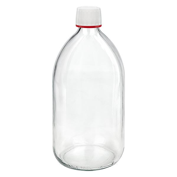Butelka na lek 1000 ml przezroczysta, zakrętka biała z czerwonym pierścieniem ApoGlas umożliwiającym łatwe manipulowanie. Farmaceutyczna jakość produkcji UE. Gwint 28 mm (PP28). (syrop, butelka z lekkiego szkł Butelka na lek 1000 ml przezroczysta, zakrętka biała z czerwonym pierścieniem ApoGlas umożliwiającym łatwe manipulowanie. Farmaceutyczna jakość produkcji UE. Gwint 28 mm (PP28). (syrop, butelka z lekkiego szkł