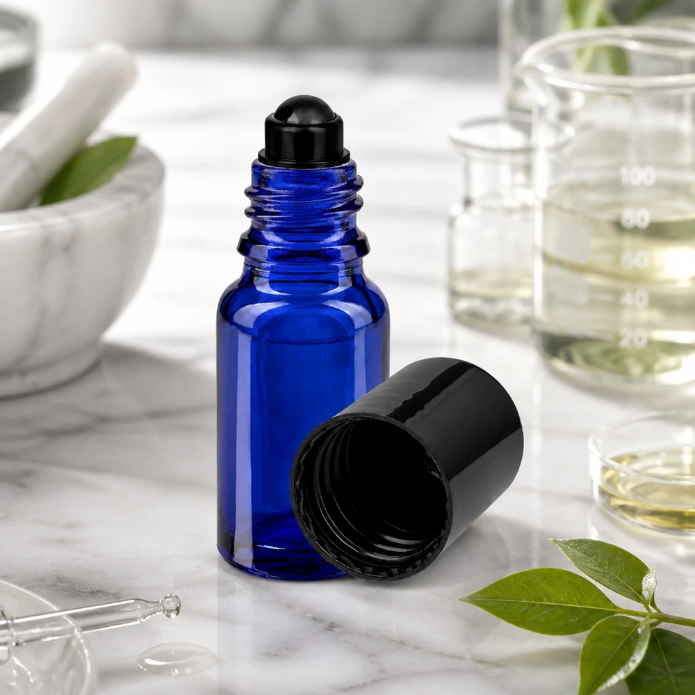 Otwarty niebieski flakonik typu roll-on o pojemności 10 ml, wykonany z szkła ApoGlas, z zdjętą czarną zakrętką, stojący na marmurze