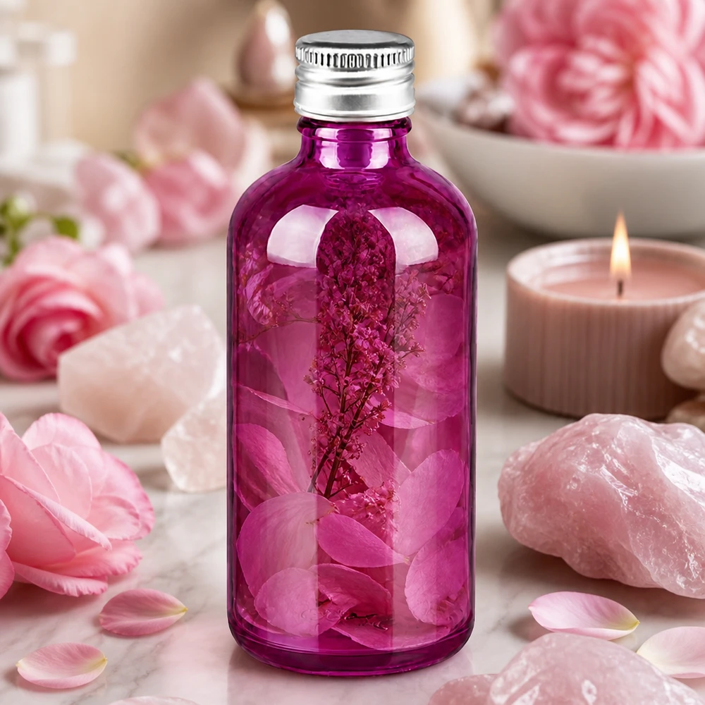 Butelka 100 ml. Zakrętka 11 mm aluminiowo-srebrna w standardzie PurpleLine. UT18/100 Elegancka szklana butelka o pojemności 100 ml z gwintem 11 mm i matową aluminiową zakrętką w kolorze jasnofioletowym