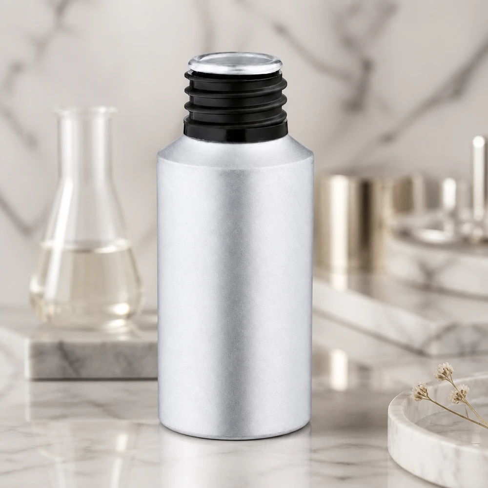 Butelka z barwionego aluminium o pojemności 30 ml Mała aluminiowa butelka 30 ml z czarną zakrętką do aromaterapii i kosmetyków naturalnych