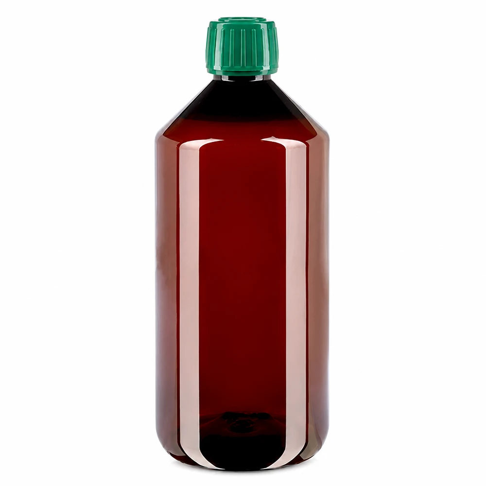 Butelka PET 1000ml z zieloną nakrętką OV Brązowa butelka PET o pojemności 1000 ml z zielonym oryginalnym zamknięciem, przeznaczona do zastosowań farmaceutycznych