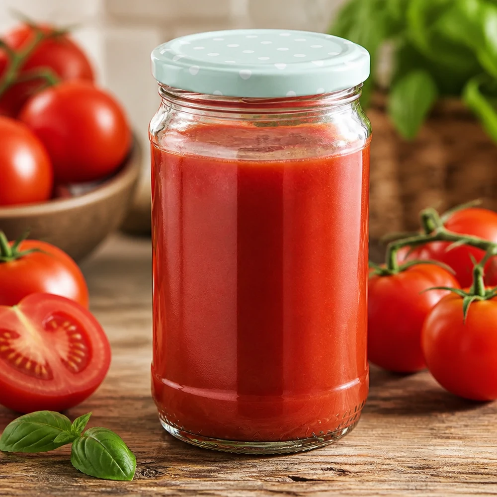 Domowy sos pomidorowy w okrągłej szklanej butelce UNiTWIST o pojemności 370 ml z miętowo-zieloną pokrywką BasicSeal z kropkami